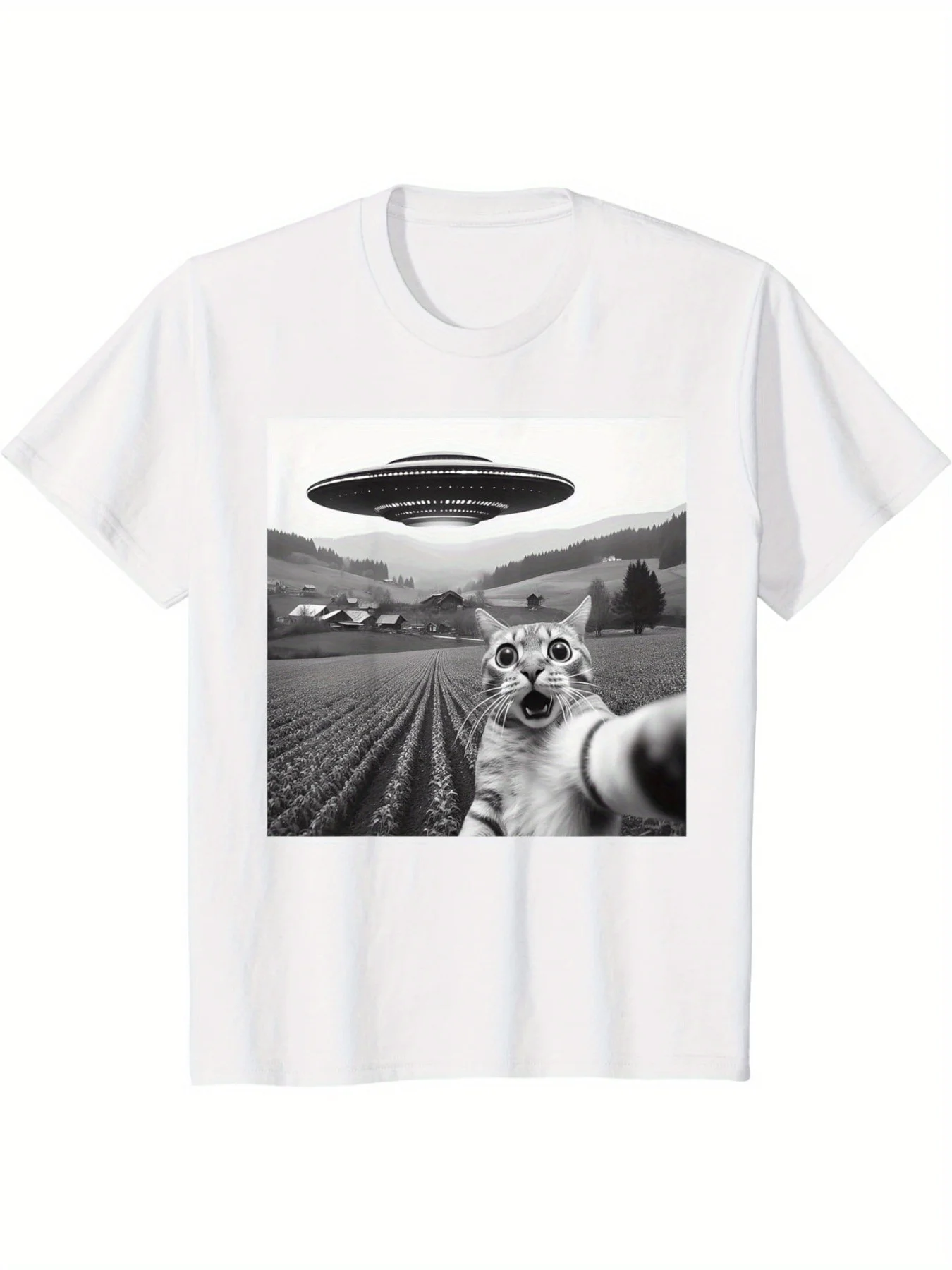 UFO en Kat Patroon T-shirt Vrouwen Mannen Zomer Casual Losse Humoristische Ronde Hals Korte Mouw Oversize Top T-shirt Unisex