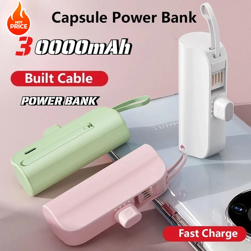 

30000 мАч Мини Power Bank Кронштейн Капсула Встроенный кабель Портативная быстрая зарядка Внешний аккумулятор PowerBank для Type-C iPhone