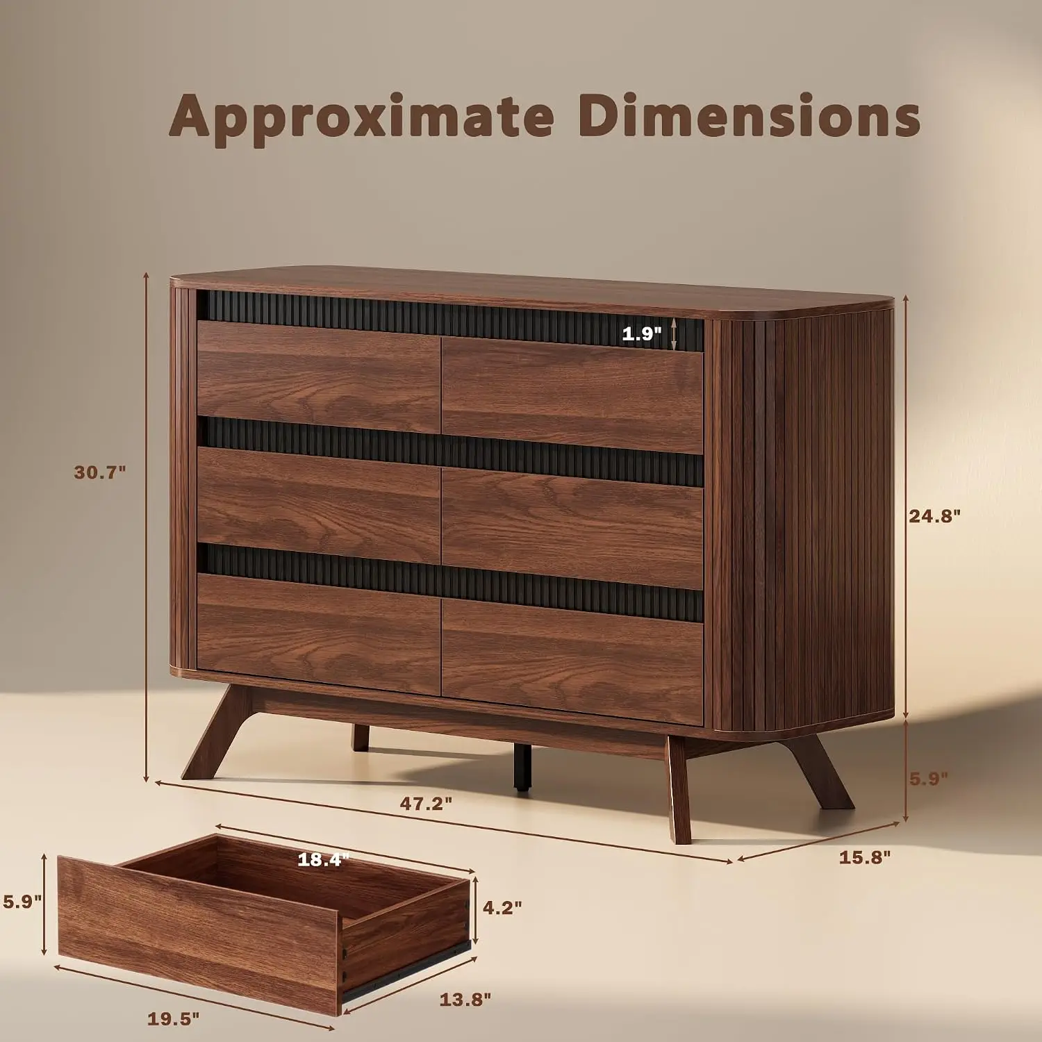 Fluted 6 Drawer Dresser for Bedroom, 47W x 31H, Modern Walnut Brown, Customized