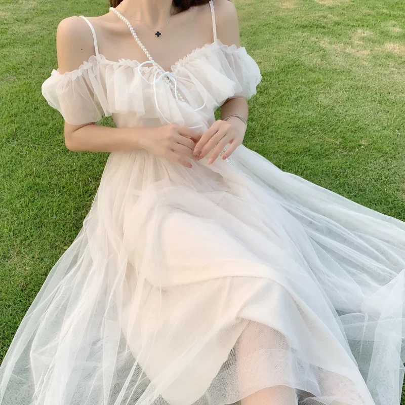 

Lolita Style Mesh Ruffles Slash Neck Off Shoulder Lace Up Women Summer White Dress Spaghetti Strap Dresses