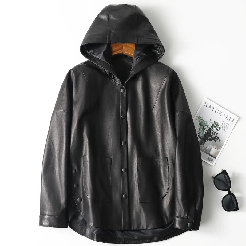 TAJIYANE 100 % genarbte Schaffelljacke Frau Kurze Echtlederjacken mit Kapuze Herbst Damenkleidung 2025 Chaquetas