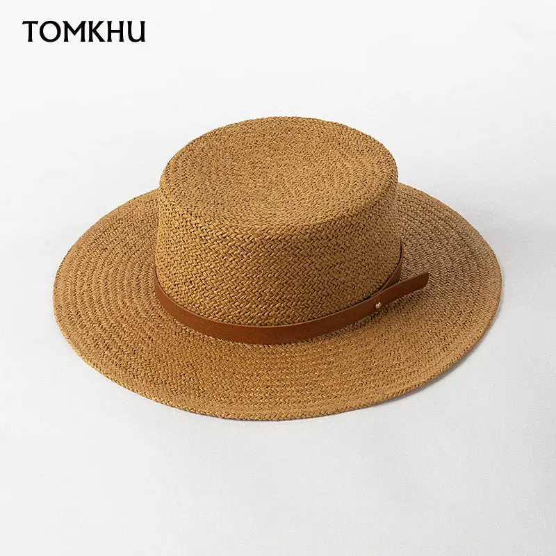 

Fashion Flat Top Straw Hat With PU Belt Women Summer Seaside Vacation Beach Hat Sun Hat Summer Simple Vintage Boater Hat Chapeau