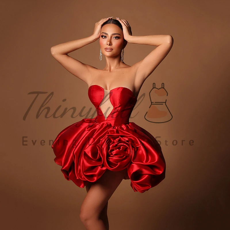 Thinyfull สีแดงสั้นชุดราตรี 2025 Sweetheart ดอกไม้ซาตินชุดมินิปาร์ตี้ผู้หญิงค็อกเทล Ball PROM Gowns ที่กําหนดเอง