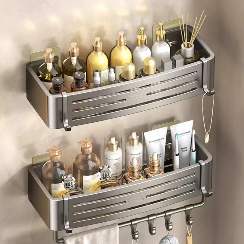 No-Drill Bathroom Shelf Shelves Shampoo Makeup Storage Holder Kitchen Organizer Wall Mounted Bathroom Accessories Aluminum Alloy