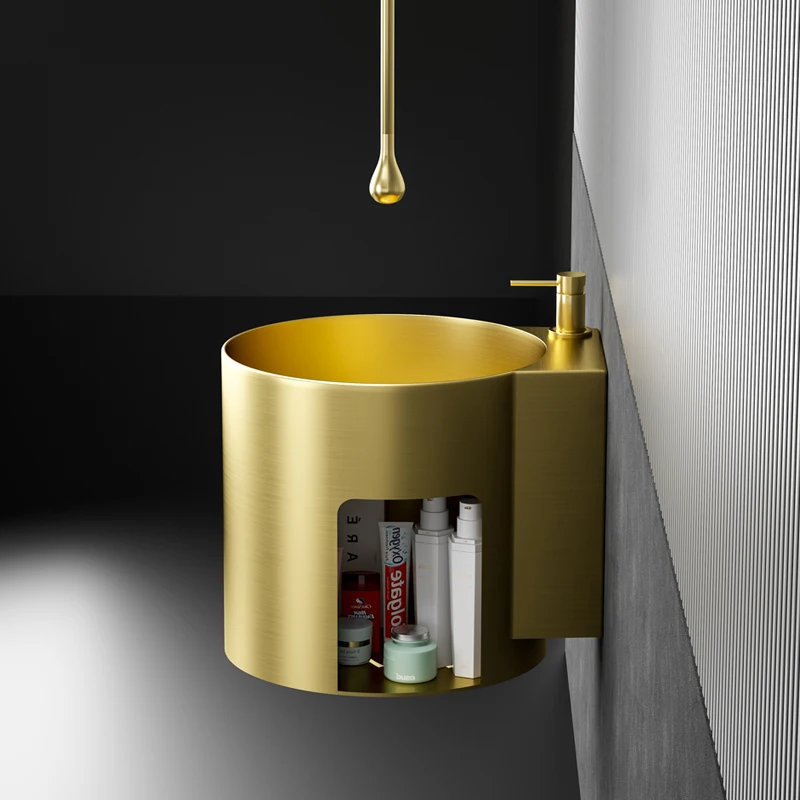 Gold stainless steel wall mounted basin, integrated washbasin with storage rack, black hotel art