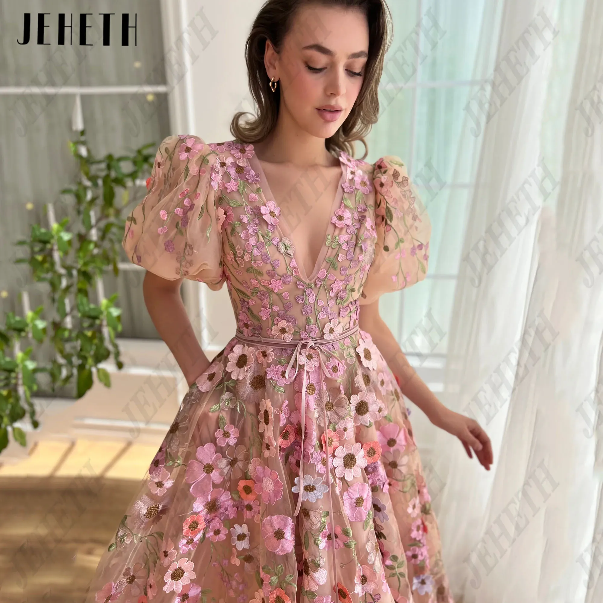 JEHETH Flowers Deep V-Neck Prom Dress Puff Sleeves A-Line Embroidery Long Party Gowns Woman Backless Custom Vestidos De Festa