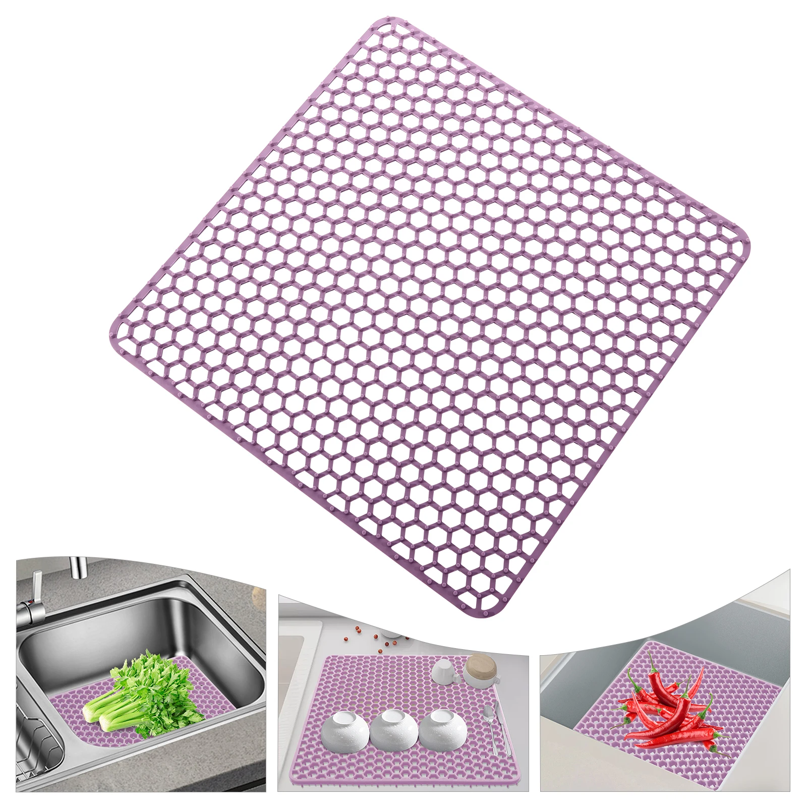 Premium-Silikon-Spülbecken-Schutzmatte 13,6x13,6 Zoll, hitzebeständig bis 220 Grad. ° C Rutschfeste, zuschneidbare Küchen-Abtropfmatte mit Wabenstruktur zum Trocknen auf der Spülbeckenablage (Lila) – Detail 3