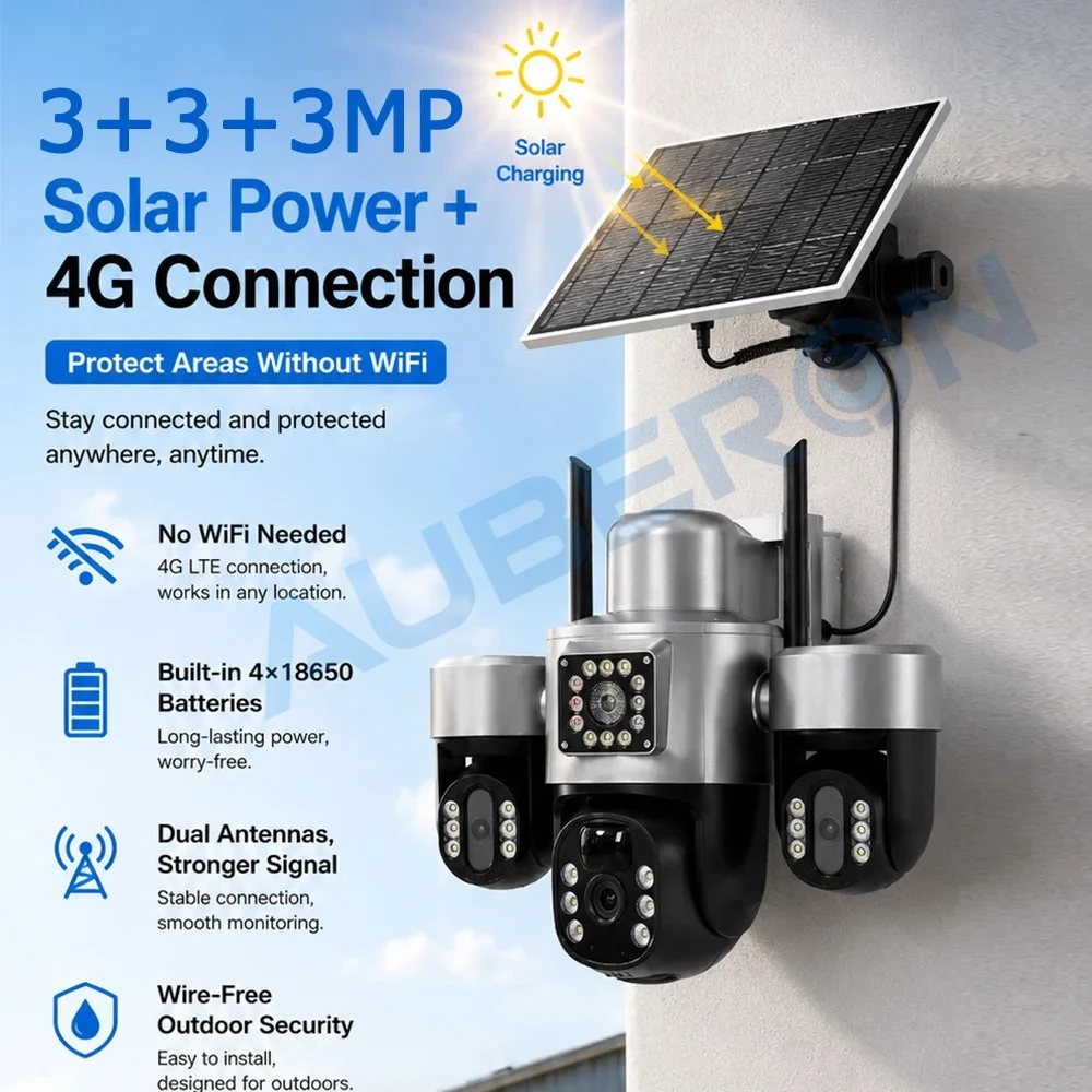 Solar 4G Security Camera 3 Lens 3 Screen Outdoor V380 APP 6MP PTZ PIR Full Color Night Vision IP66 Waterproof Battery Cam System