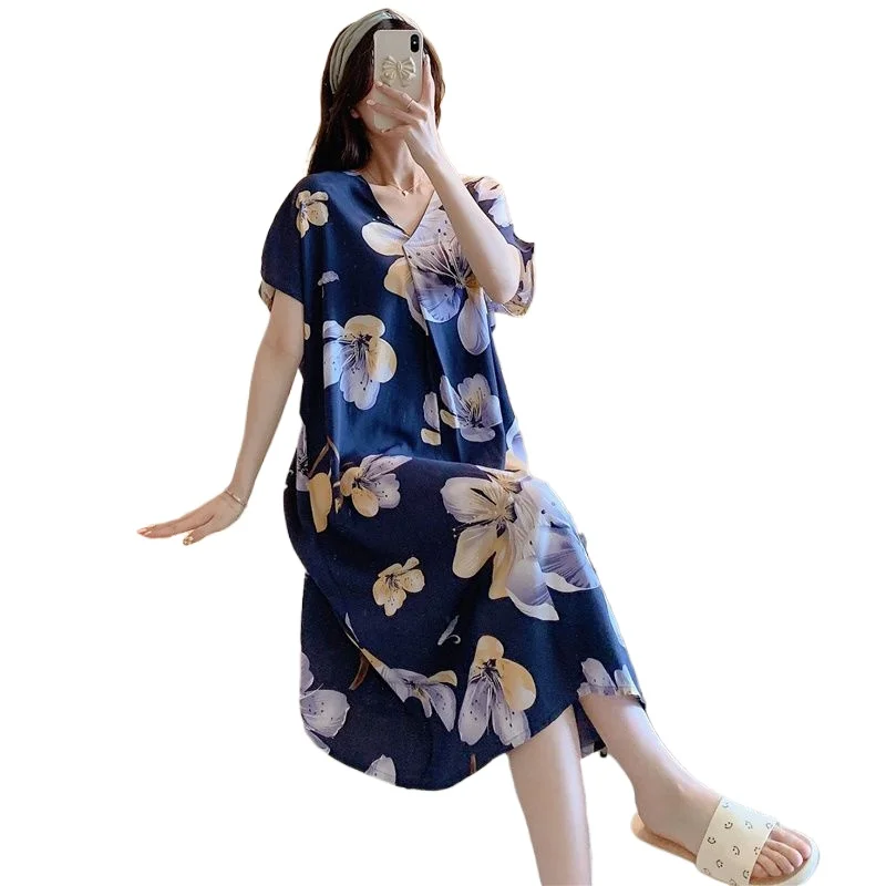 Cotton and Silk Nightgown Women's Summer New Short-sleeved Cartoon Printed Pajamas Korean Version Large Size Loose  Loungewear