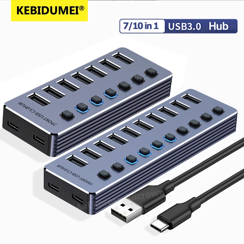 10/7 in 1 Powered USB HUB USB 3.0 Interface Individual Switch Heat Dissipation with On/Off Switches 12V Power Adapter for Laptop