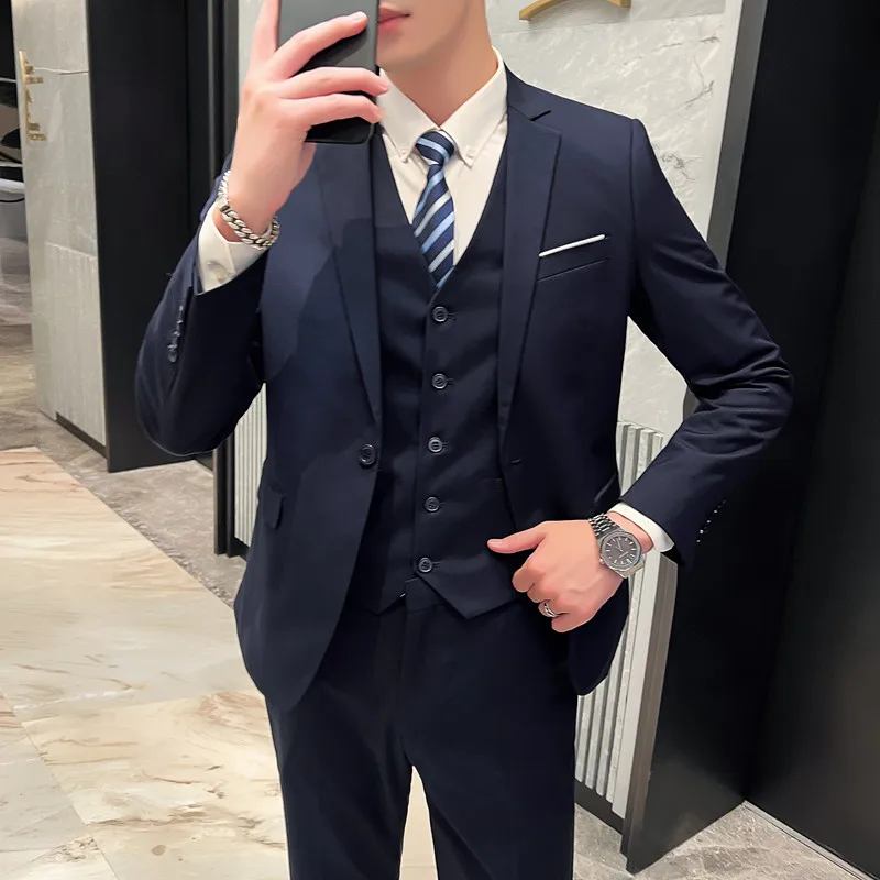 High-quality Solid Color Suit (suit + Vest + Trousers) 2024 New Men\'s Work Business Wedding Fashion Three-piece Set  Acetate