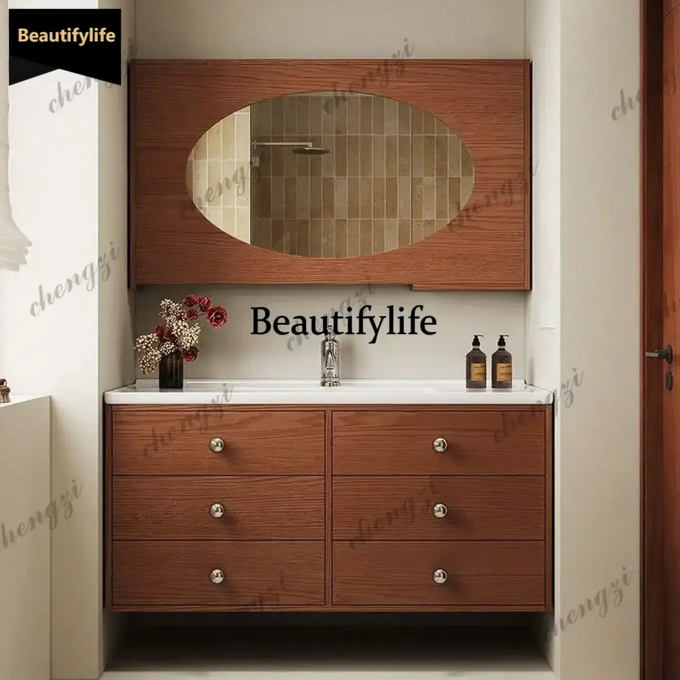 Vintage french oak bathroom vanity set with integrated ceramic basin b567