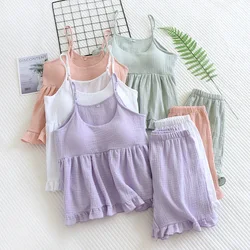 Summer new women's pajamas two-piece set with chest pad suspender shorts 100%cotton small fresh sexy thin homewear set plus size