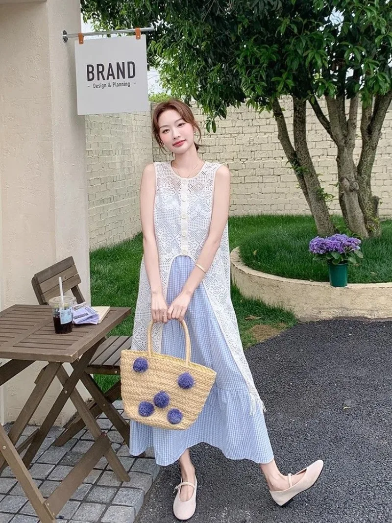 

New High End Fashion Summer Two Piece Set Women Irregular Design Hollow Out Tassel Sleeveless Long Vest + Grid Sling Dress Suit
