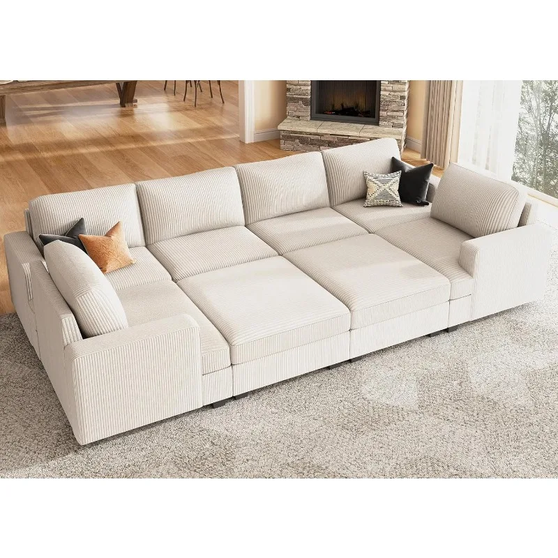 

Modular Sectional Couch with Storage Ottoman, Corduroy Sleeper Sofa with Chaise, Sectional Couches for Living Room, Beige