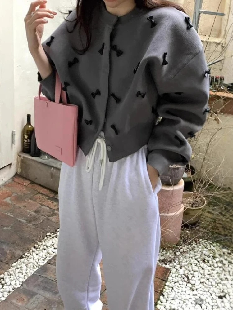

Cardigan Single Breasted Bow Patchwork Long Sleeveless Sweaters Knit Coats 2025 New Fashion Autumn Winter Sweet Women's Clothing