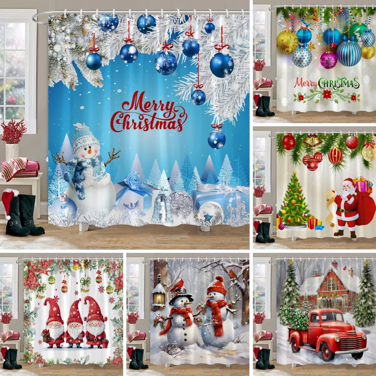 

Christmas Snowman Shower Curtain Sundee Old Man Elf Coloured Balls Gifts Red Truck Christmas Tree Shower Curtains Bathroom Decor