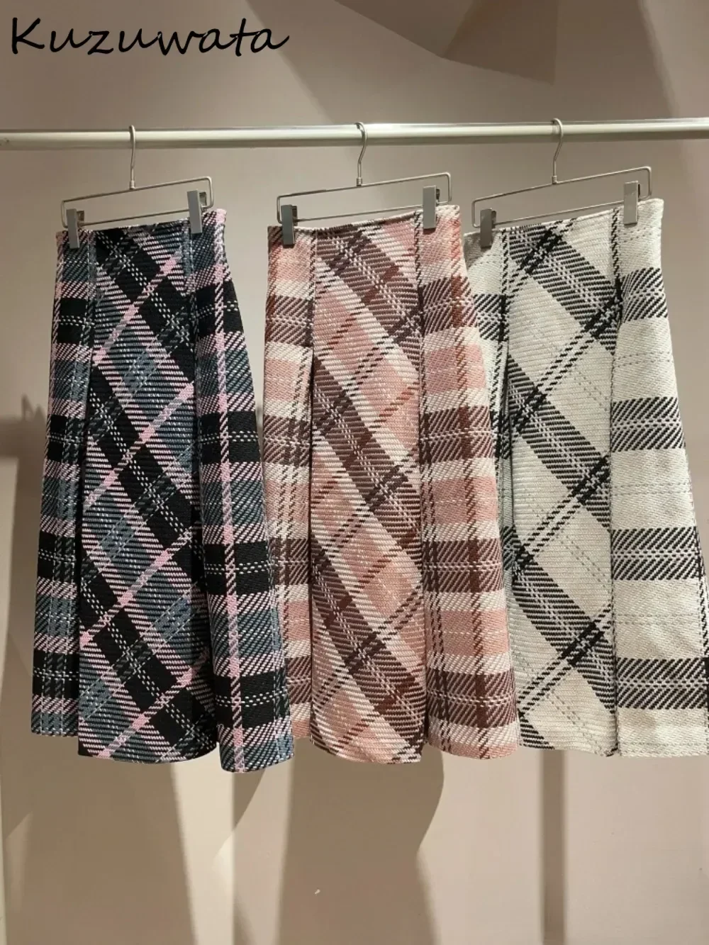 Kuzuwata Harajuku A-line Ruched Plaid Slim Moda Skirt Mid-length Wool Elegant All-match Faldas Japan New Exquisite Mujer Falda