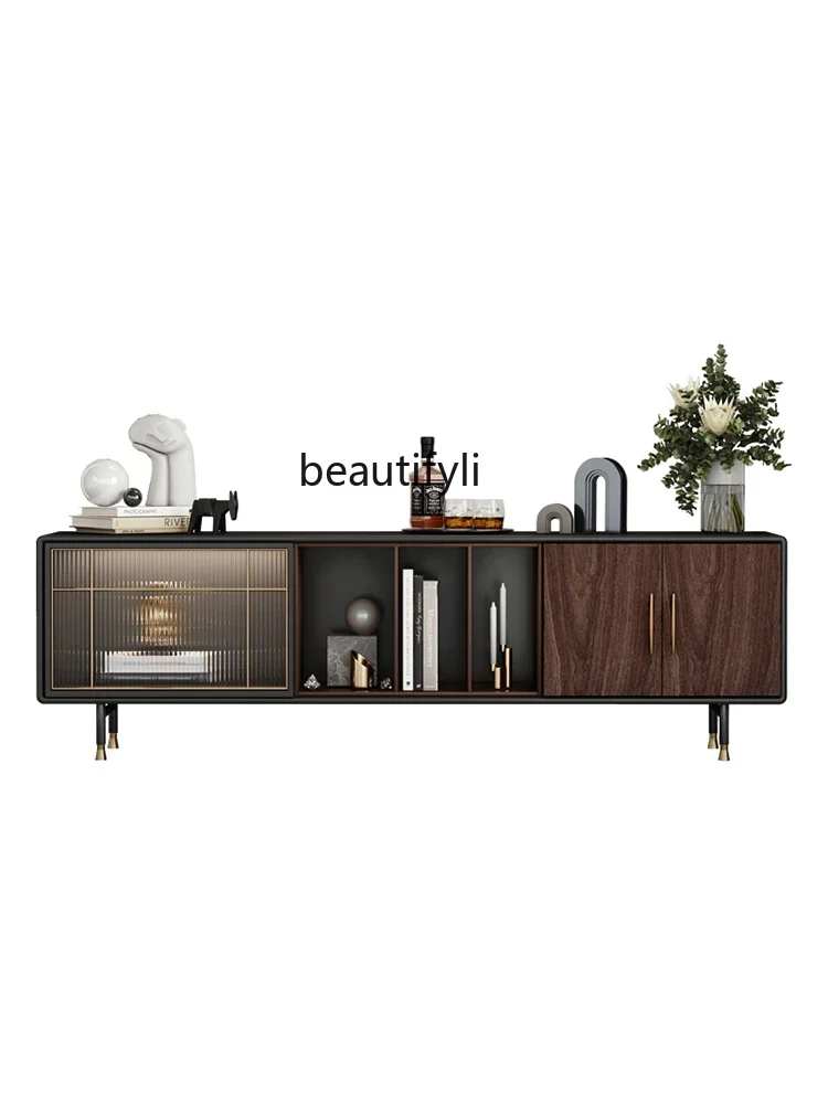 

Italian Solid Wood TV Cabinet Coffee Table Combination Living Room Small Apartment Retro Glass Side Cabinet