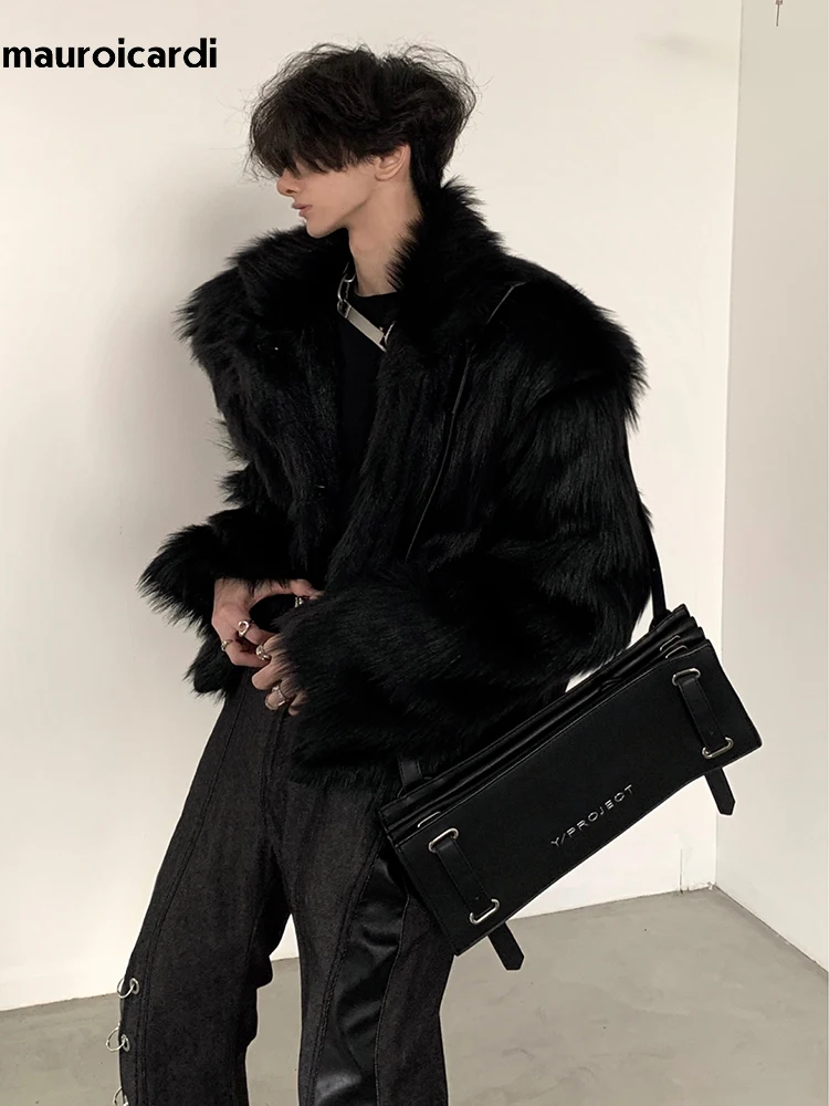 Mauroicardi Winter Short Cool Thick Warm Soft Black Hairy Faux Fox Fur Coat Men Long Sleeve Luxury Designer Fluffy Jacket 2023