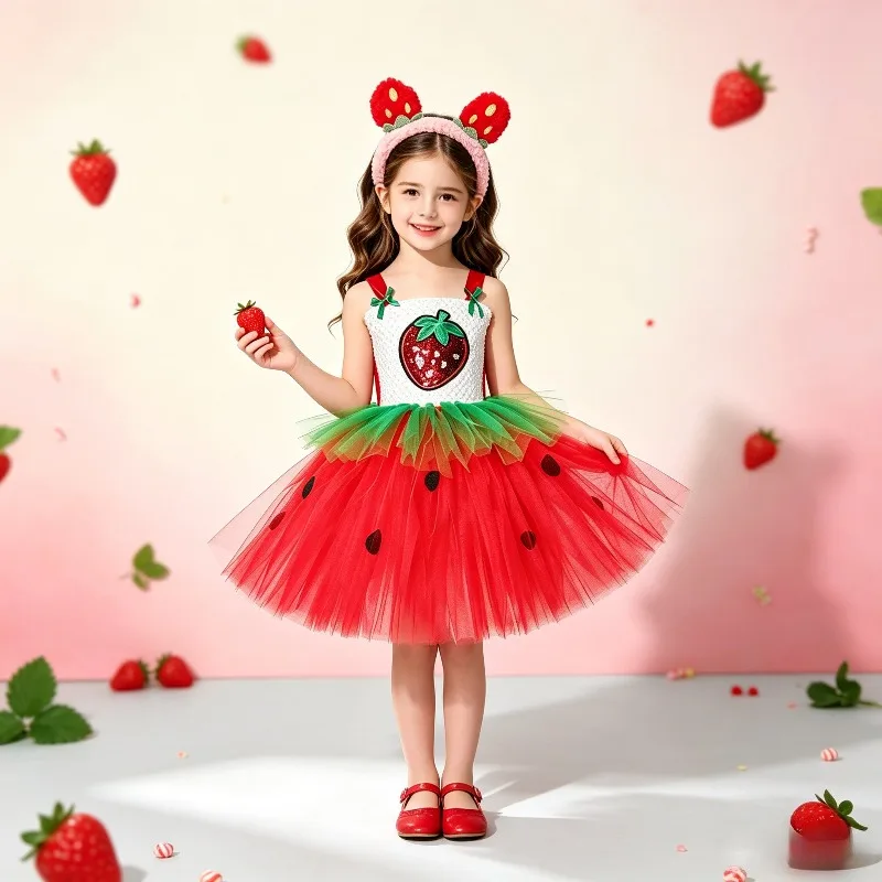 Sparkle Strawberry Costume for Baby Girls Fruits Birthday Party Ballet Tutus Dress for Kids New Years Clothes Strawfruits Outfit