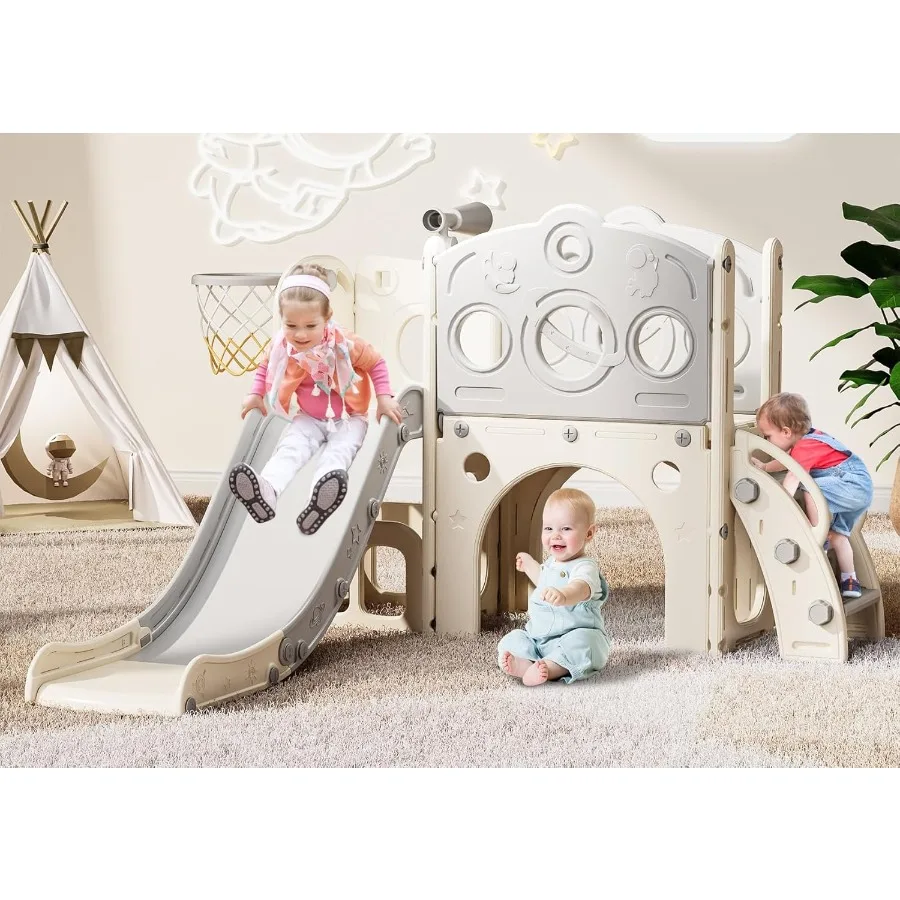 

Toddler Slide 8 in 1 Slide with Basketball Hoop Telescope and Climber Baby Slide Toddler Playground Indoor Outdoor Playset for