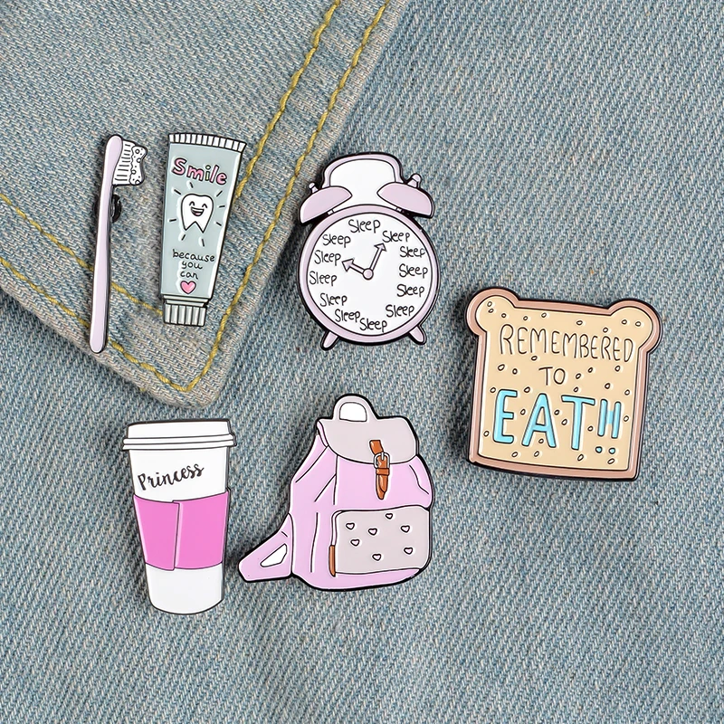 Good Morning Enamel Pin Clock Brush Coffee Bread Backpack Brooches Clothes Lapel Pin Funny Daily Badge Jewelry Gift for Friend