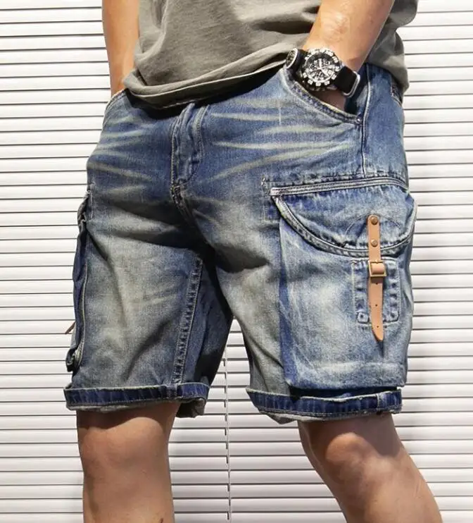 Retro Make Old Cargo Denim Shorts, Men\'s Straight Loose High Street Knee Length Jeans