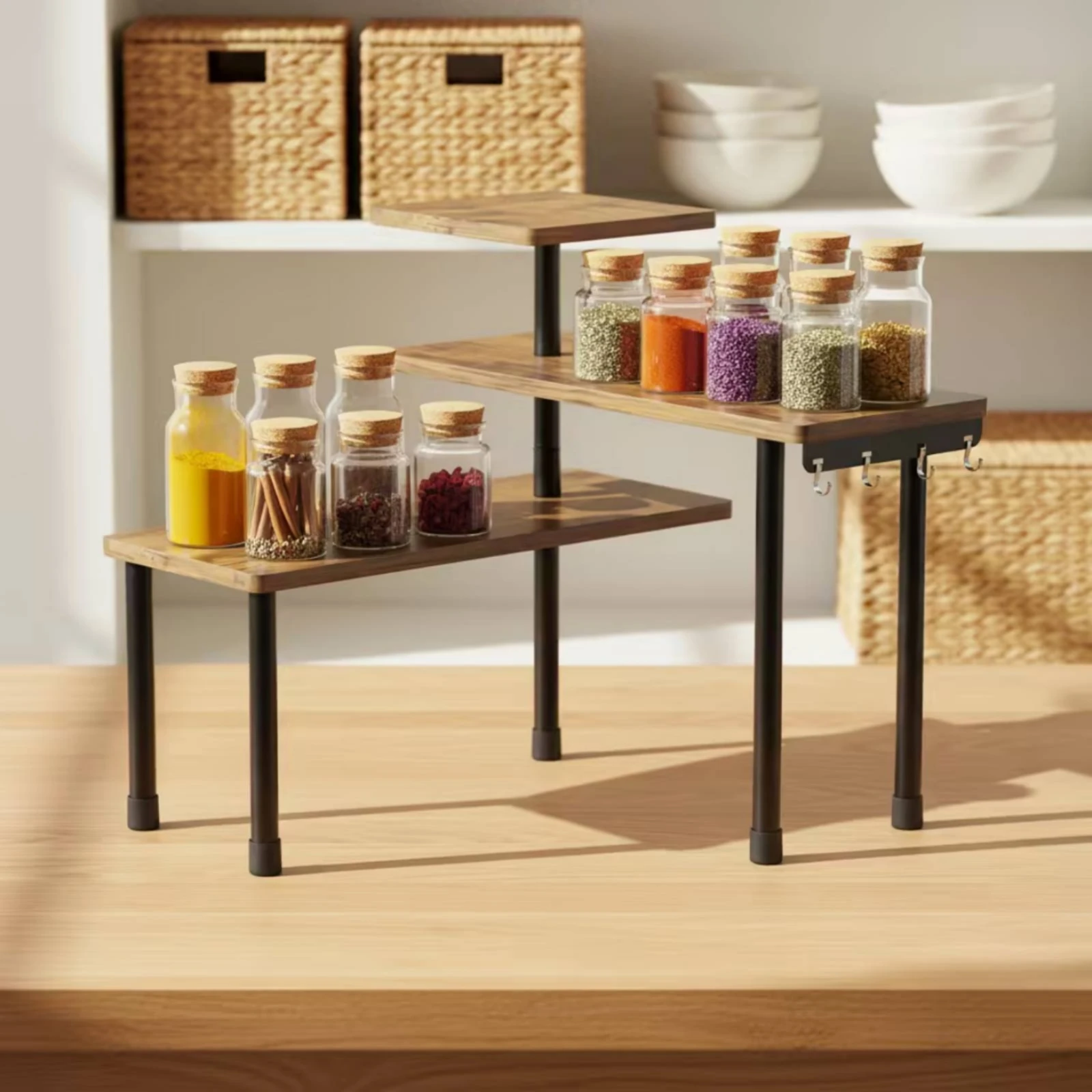 Tabletop Seasoning Rack with Side Hooks Space-Saving Seasoning Rack Organizer Countertop Organizer with Hooks Vertical