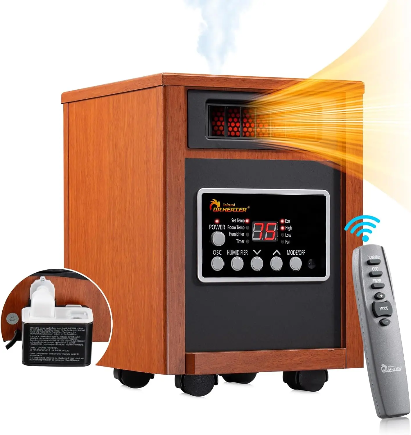 

DR-998, 1500W, Space Heater with Humidifier, Oscillation Fan & Remote Control (Cherry)