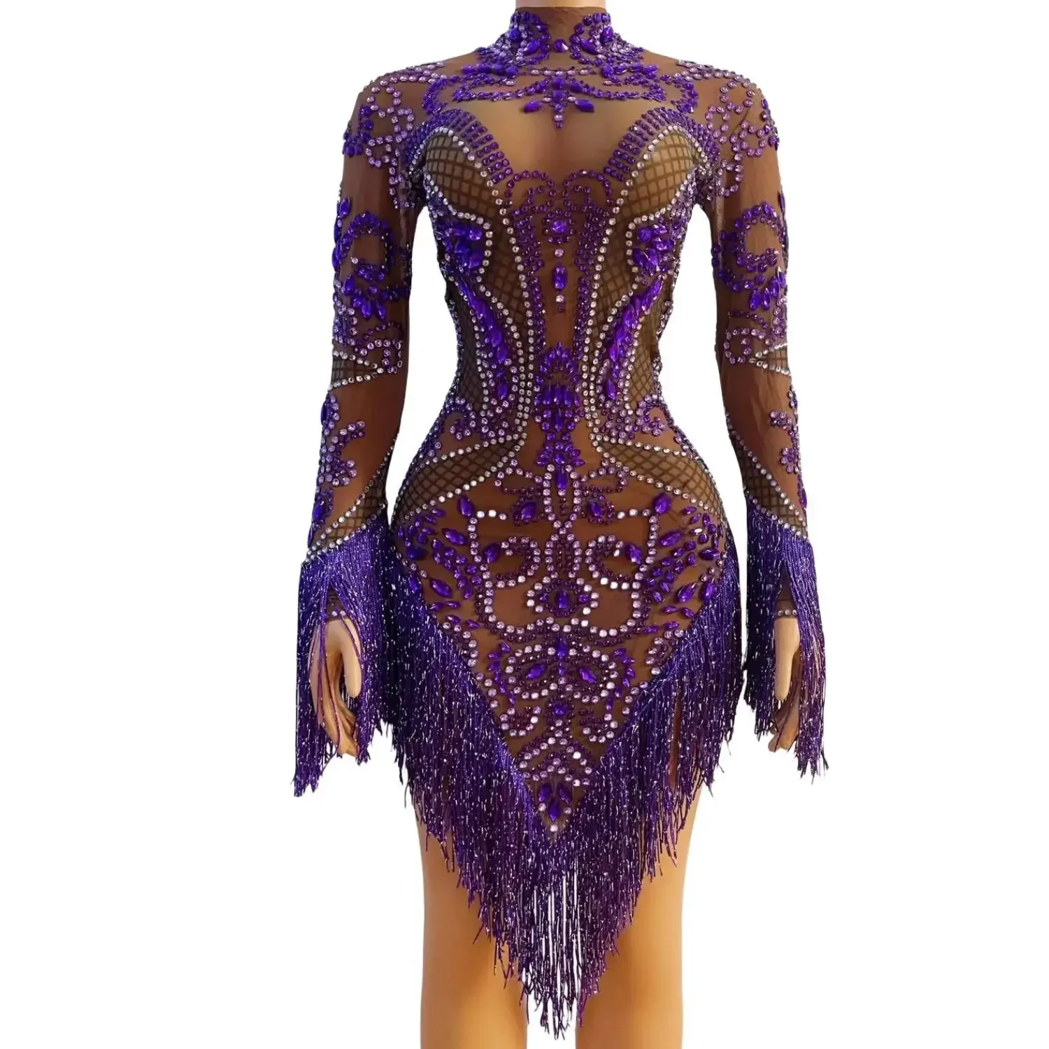 女性のための短い紫色のタッセル付きのきらびやかなドレス,セクシーなイブニングドレス,誕生日パーティー,ダイヤモンドショー,写真撮影