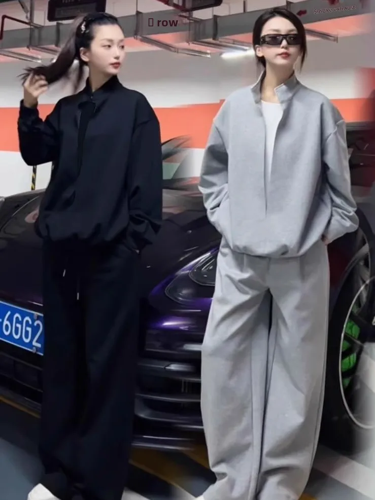 

Новый осенний повседневный спортивный костюм: комплект из двух предметов (худи и брюки) из однотонной ткани, имитация двухслойного дизайна, для молодежи, из смесового хлопка