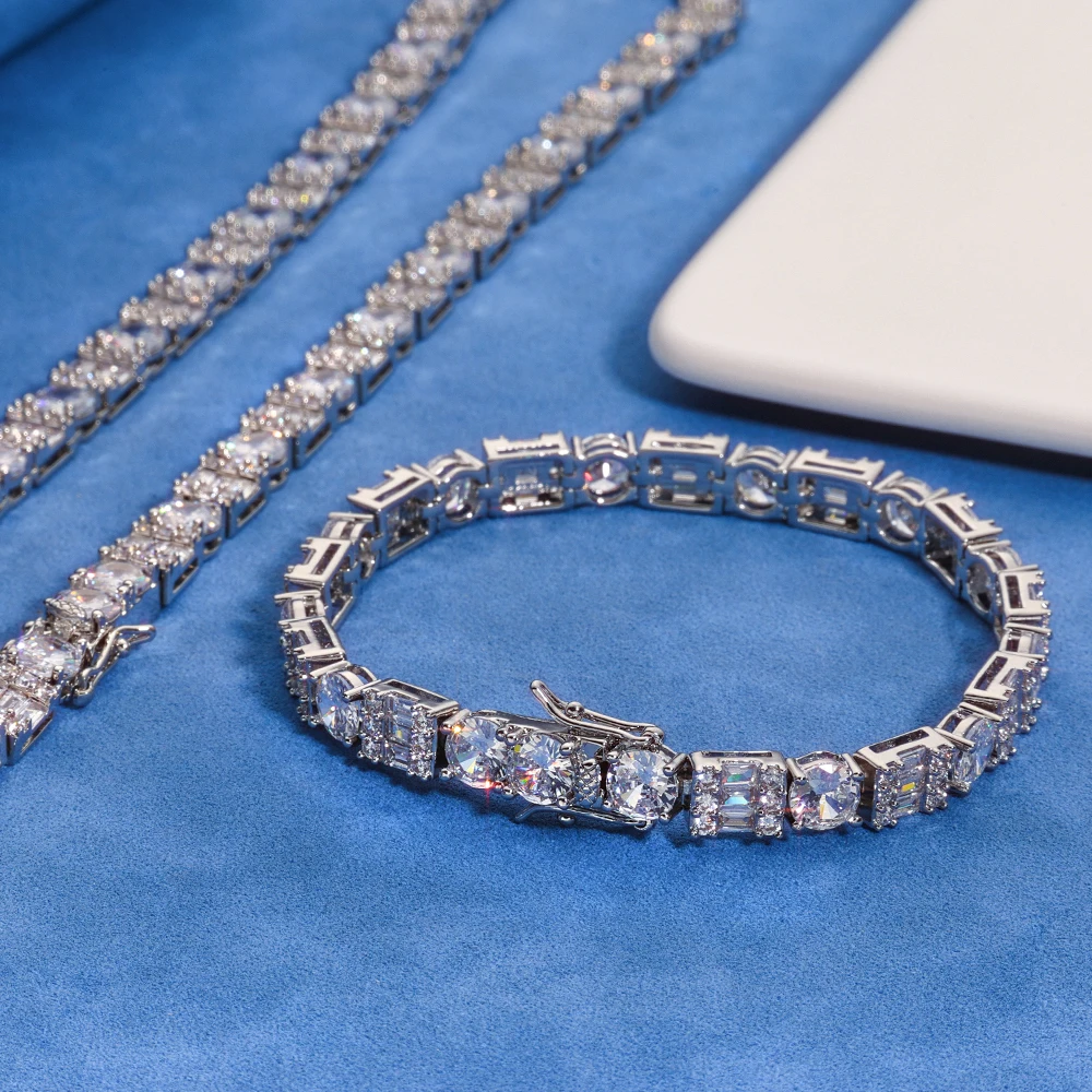 

Hip hop Tennis Chain Men's Boutique Necklace Chilled Mixed Inlaid French Baguette&round Brass Women's Zircon Jewelry