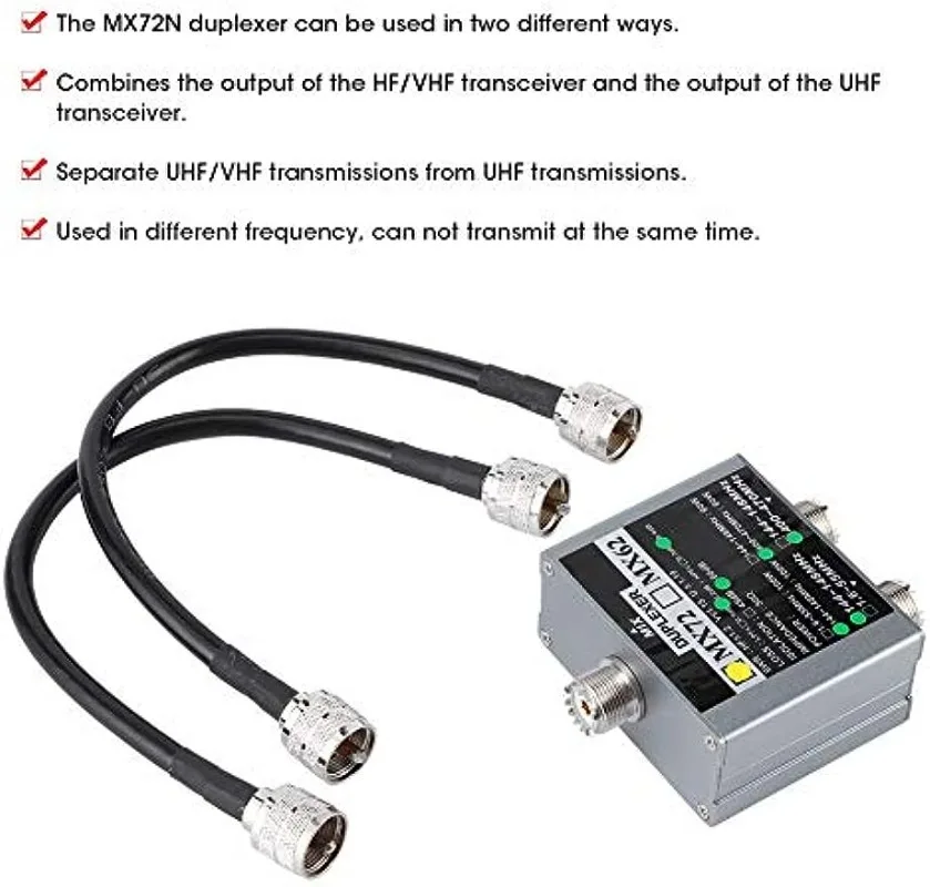 Przenośny duplekser UHF + VHF, Duplekser MX72 VHF + UHF 144-148 MHz/400-470 MHz Różna stacja transmisji częstotliwości Łącznik anteny szynowej