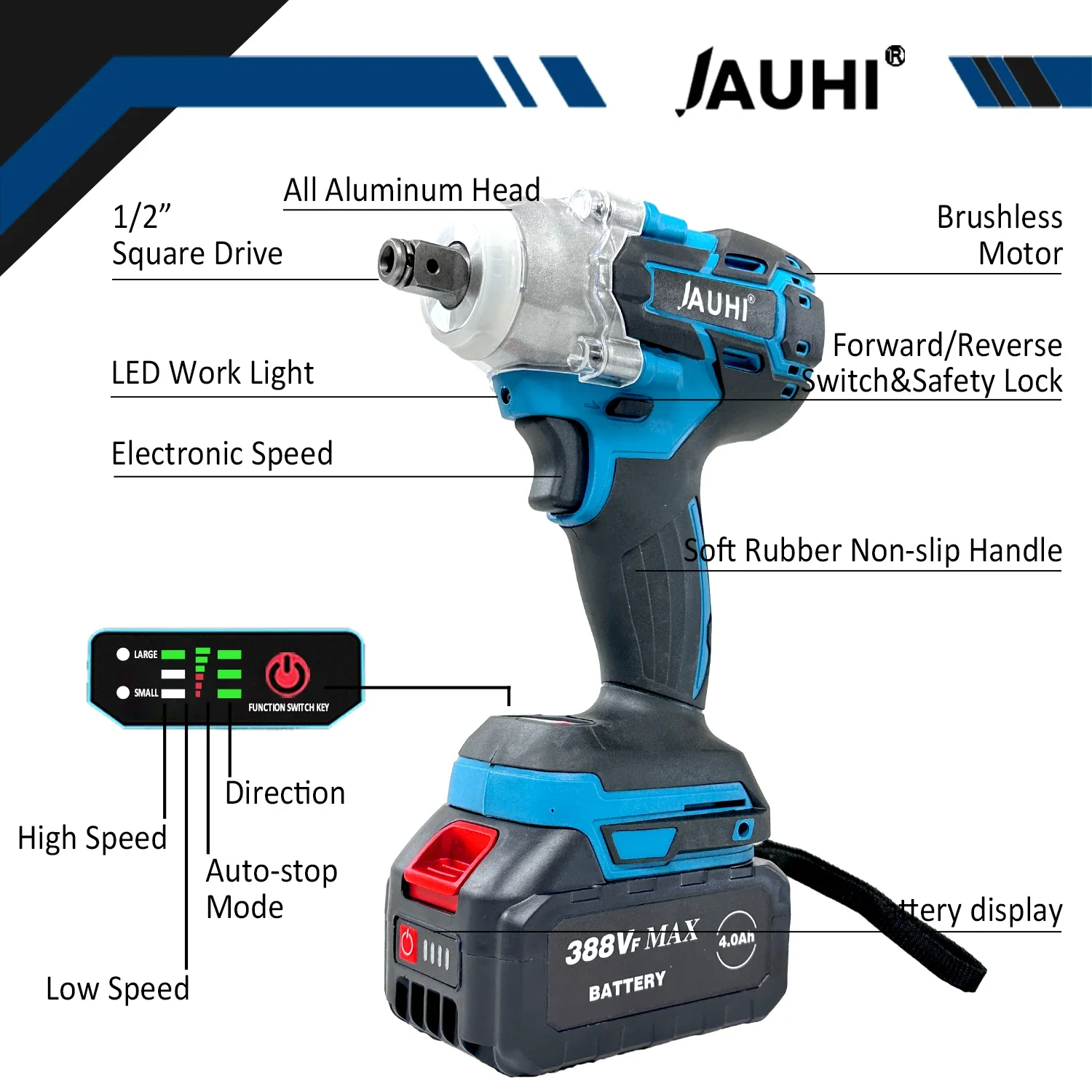 Imagem -02 - Jauhi-brushless Chave Elétrica Chave Soquete de Impacto Baterias Makita 18v Ferramentas de Instalação Elétrica Home 520nm