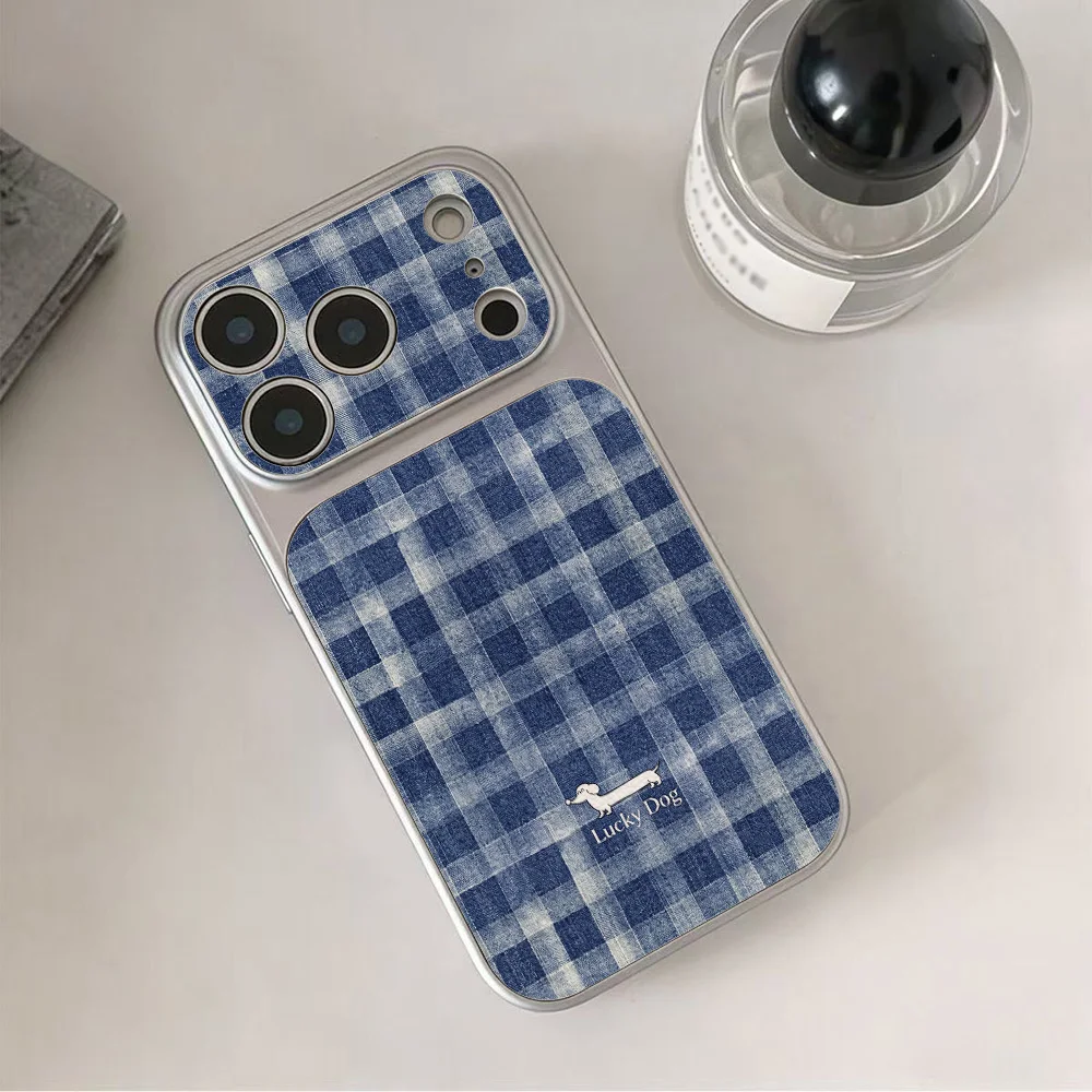 Blue-and-white Checkered Pattern Phone Case For iPhone 18 Pro Max 17 Pro 15 Pro 16 14 13 12 11 Faux leather Surface with lanyard view 4