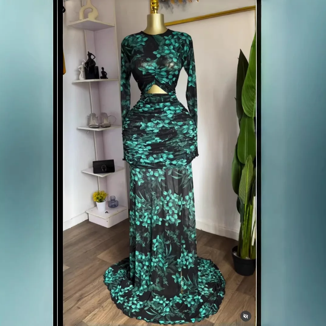 

Женское длинное платье 2026 года с длинным рукавом, драпировкой, сетчатыми вставками и принтом, фасон «русалка», модное летнее платье, роба, вестидо для женщин