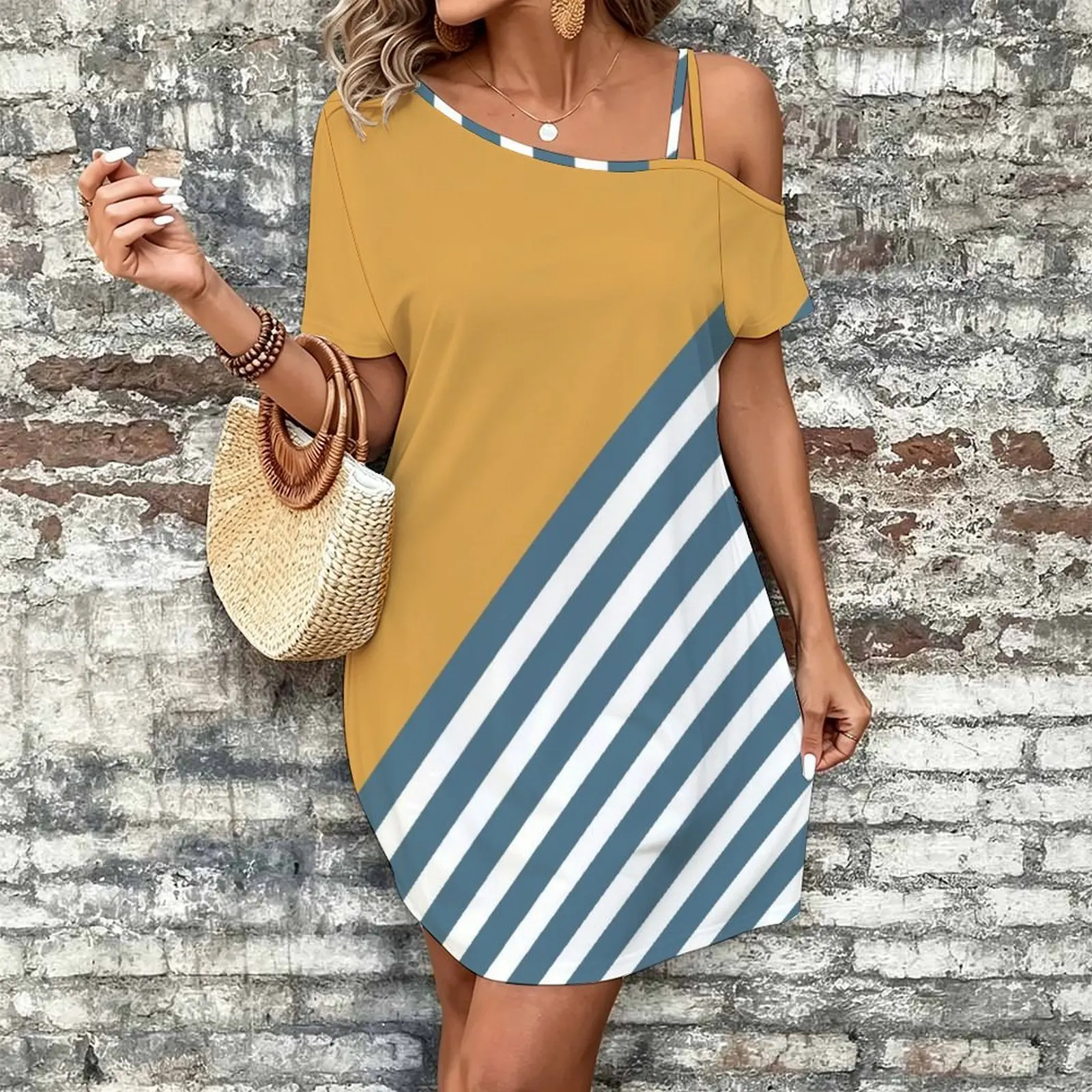 Color Block & Stripes Geometric Print, Yellow, Blue and White Women's Slanted Shoulder Single Strap Short-Sleeved Dress