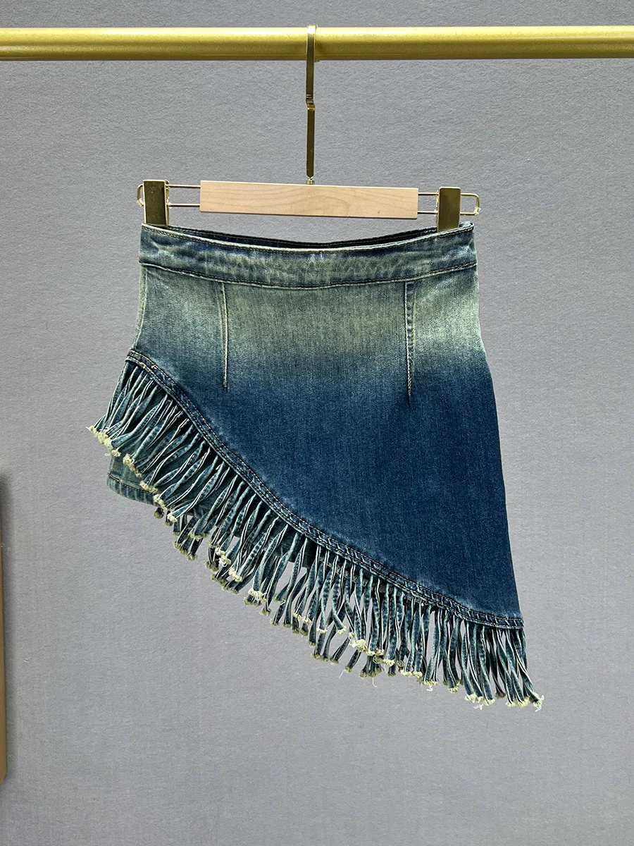 

Джинсовая юбка с высокой талией для женщин, утягивающая, с бахромой, весна-лето, модная, для повседневной носки, на молнии, с вставками, из смесового хлопка и полиэстера