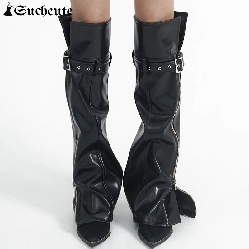 SUCHCUTE Women Punk Leather Trouser Leg Warmer Harajuku Buckle Lapel Leg Sock Gothic Eyelet Zipper Wide Leg Boot Cuff Streetwear