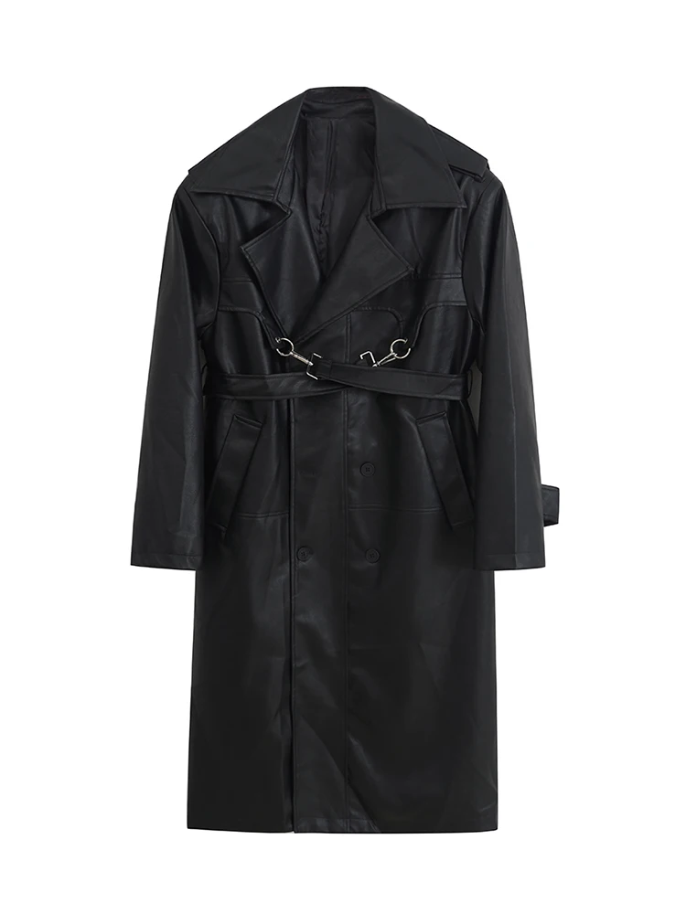 Lautaro-Trench-coat long en cuir PU pour femme, surdimensionné, double boutonnage, ample, vêtements de créateurs de luxe, noir, marron, printemps