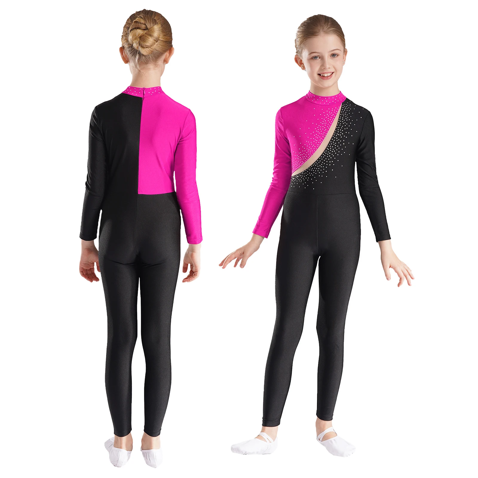 Kids Long Sleeve Rhinestone Full Body Unitard Bodysuit Dancewear Girls Rhythmic Gymnastics Leotards Skating Performance Jumpsuit