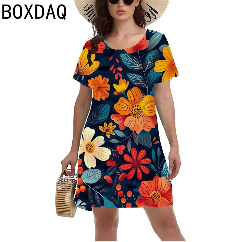 3D Vintage Elegant Floral Printed Dress Women Summer Short Sleeve O-Neck Casual A-Line Dress S-3XL Female Beach Dress Vestios