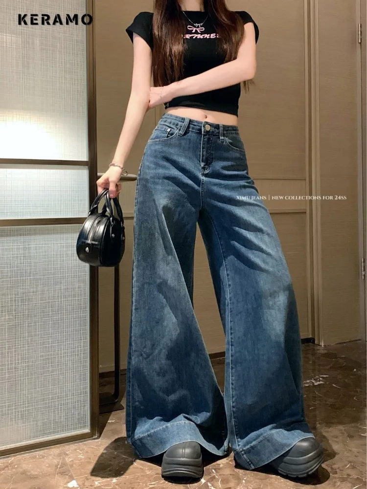 

Women's Vintage Solid Color High Waist Straight Jeans High Street Style Baggy Pants Korean Fashion Wide Leg Y2K Denim Trouser