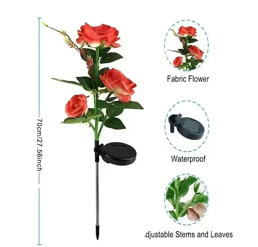 Red Rose Solar Lamp Ground Outdoor Waterproof Yard Power LED Artificial Flower Light for Courtyard Landscape Garden Decoration