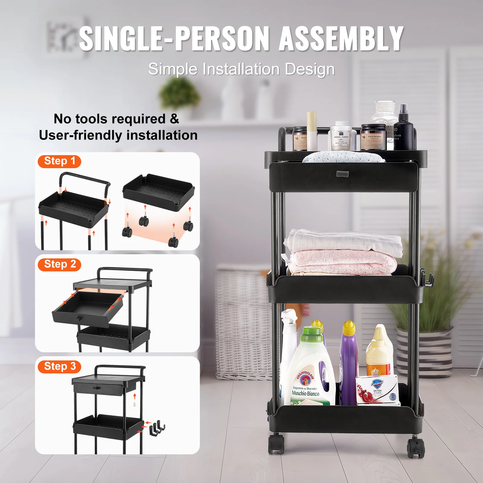 VEVOR 3-Tier Rolling Utility Cart Kitchen Storage Trolley with Drawer Handle for Office Living Room Movable Storage Organizer