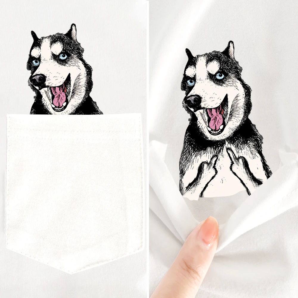 CLOOCL Siberian Husky Pocket T-Shirts Funny Dogs Middle Finger Printed Cotton T-shirt Men Women Short Sleeve Shirts Hip Pop Tops