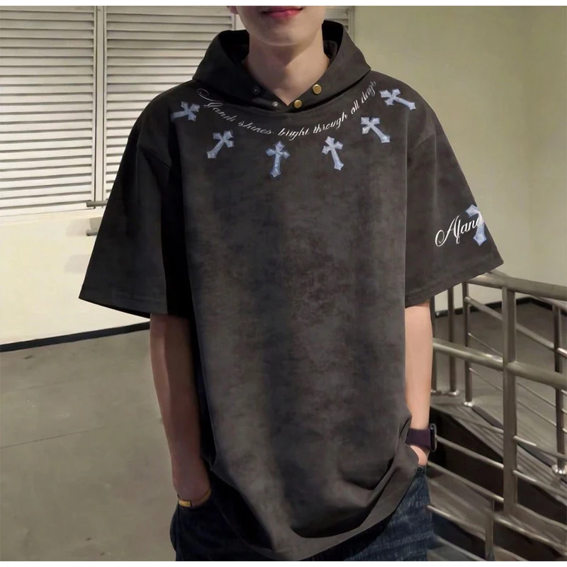2026 New Unisex High Street Hooded Tee Vintage Gradient Cross Print Personality Loose Short Sleeve Gothic Streetwear Shirts