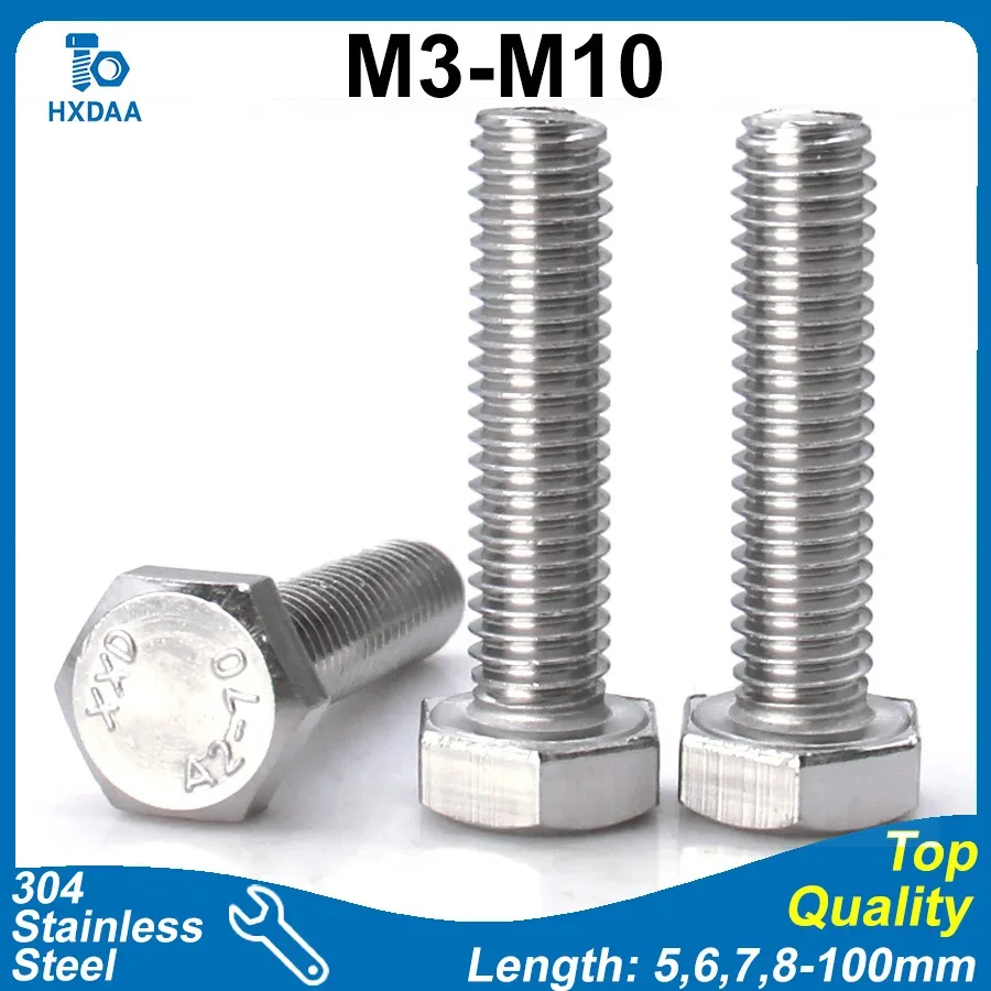 2-15pcs 304 Stainless Steel A2 Hex Head Bolts M3 M4 M5 M6 M8 M10 Fully Threaded Metric Hexagon Machine Bolt