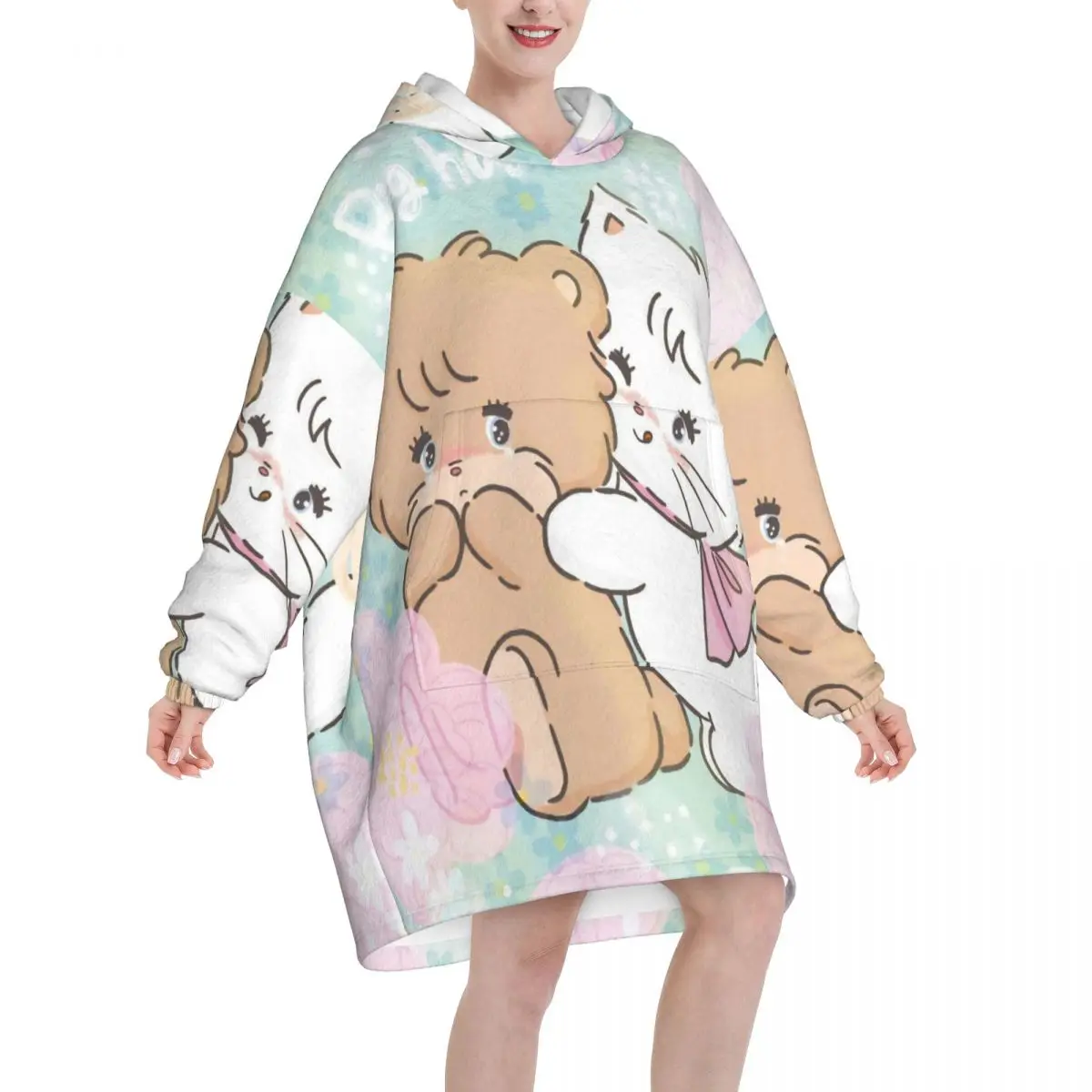 Pink Cartoon Mikko Mousse Blanket Hoodie Wearable Blanket Large with Pocket Warm Sleeping Bag Soft Cozy Onesie